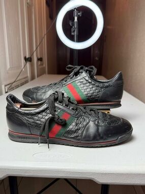 Gucci Web Guccissima Black Leather Men Sneaker 12 G / 13 US NO INSOLES